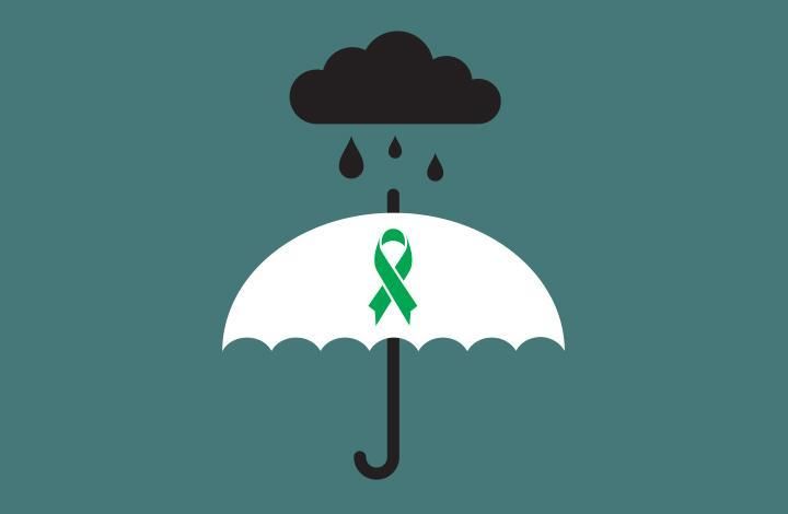 Graphic of an umbrella in the rain, with the Mental Health Foundation green ribbon symbol